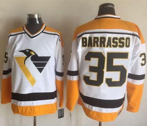 Penguins #35 Tom Barrasso White/Yellow CCM Throwback Stitched NHL Jersey - Click Image to Close